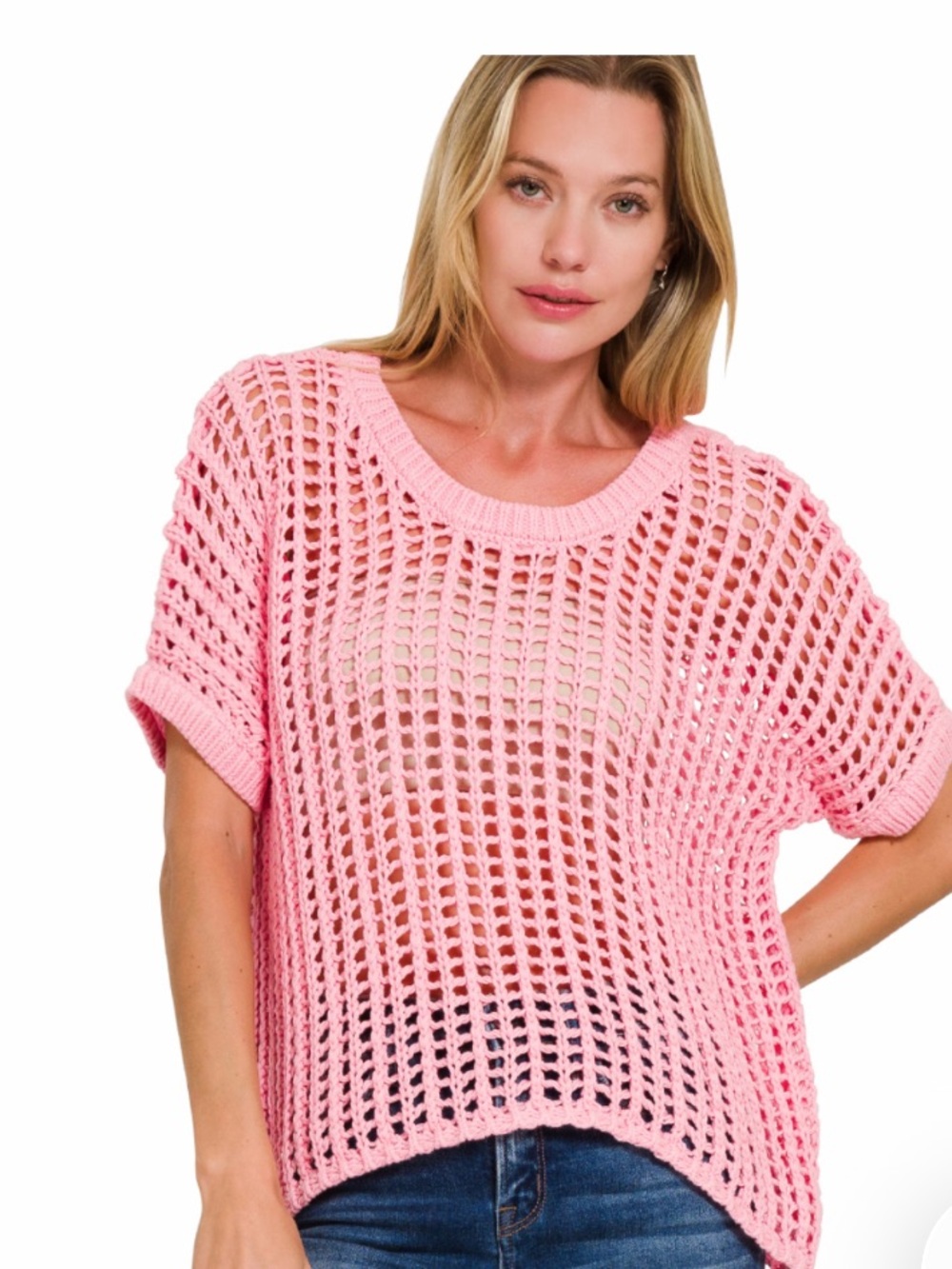 Z2 DKPNK Zenana Fish Net Short Sleeve Crochet Sweater Various Sizes